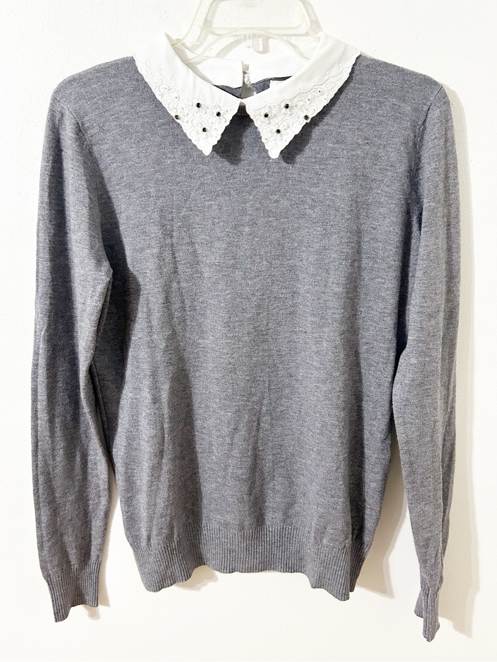 Gray Sweater with White Lace Collar - Women's Sweater